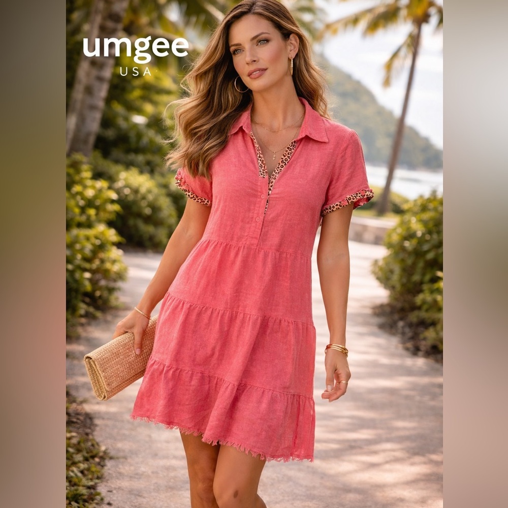 Umgee, Coral Linen Blend Tiered Dress Frayed Hem Boho Beach Resort,EUC, Size L